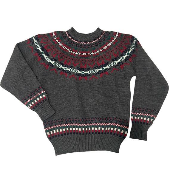 Allen Solly 100% Wool Sweater Fair Isle Gray Red Warm Winter Sz Large Cozy Cabin - Picture 1 of 5